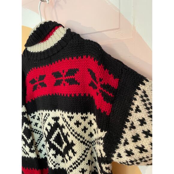 Vintage GAP Hand-Knit Wool Sweater Red Black Cream Geometric Nordic Pullover - Picture 8 of 13